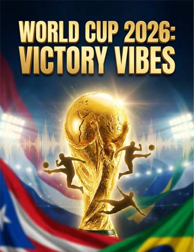 Official World Cup 2026 Victory Vibes music album cover featuring football players and global flags by DJ CK.